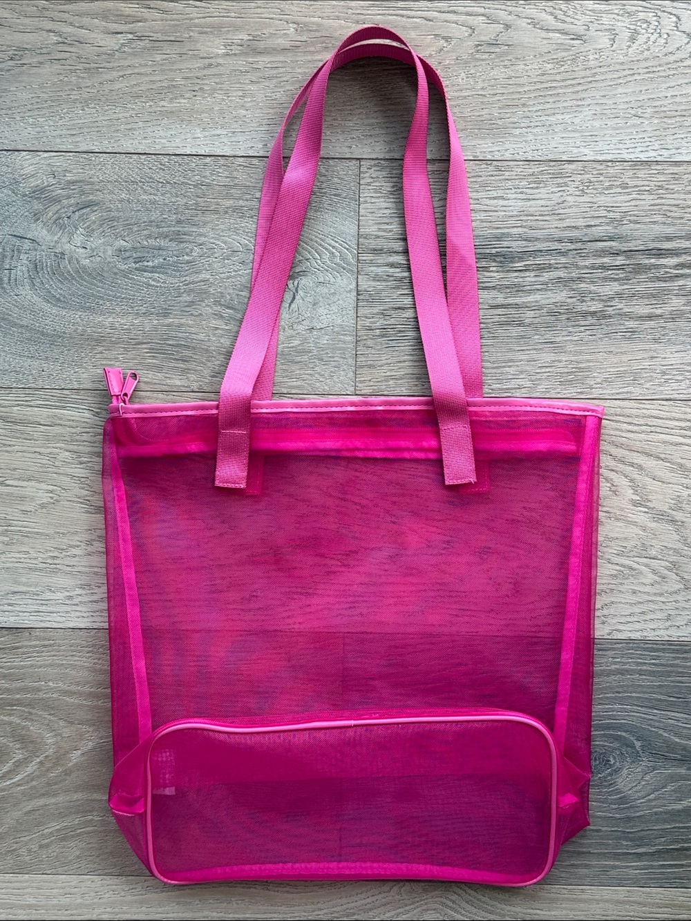 Hot Pink Mesh Tote with Zip Top 5”x 12”x 13” and Shoulder Straps